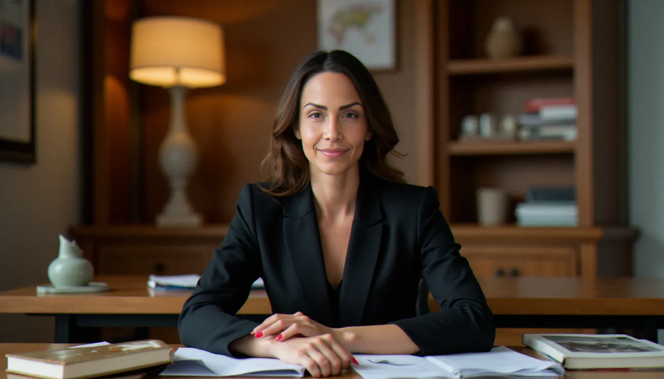 Femme élégante assise à un bureau, évoquant l'univers des sites de rencontre dominatrice avec une posture assurée et un environnement sobre