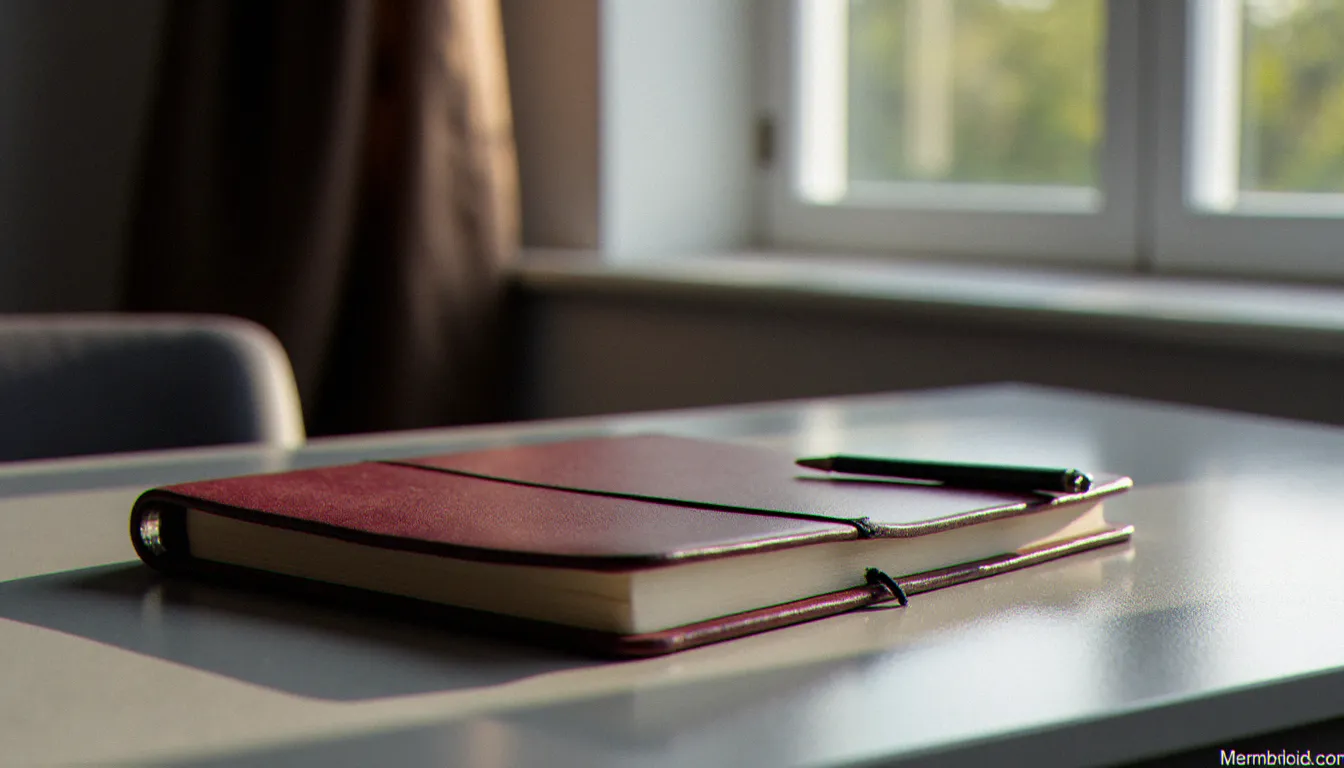 Bureau épuré avec un journal en cuir fermé évoquant l'univers d'un site de soumis et l'écriture intime