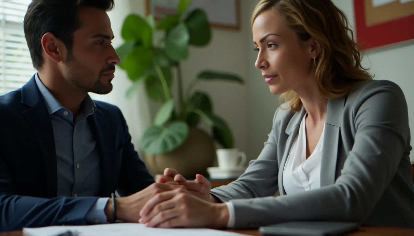 Deux personnes discutant calmement à une table, illustrant la phase de négociation et de consentement avant une pratique BDSM