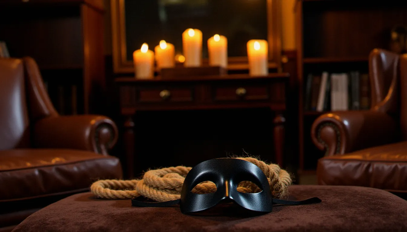 Salle feutrée et élégante évoquant l'univers d'une soirée BDSM, avec des éléments de décor symboliques comme une corde et un masque posés sur du velours