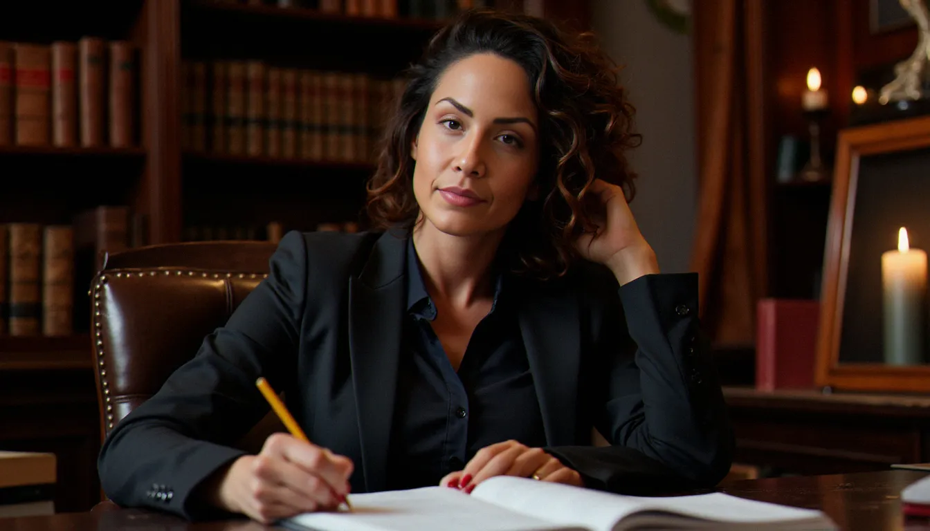 Une femme élégante dans un bureau raffiné, évoquant l'univers d'une dominatrice professionnelle et psychologue