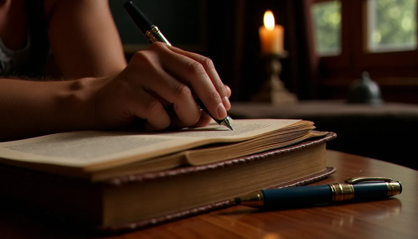 Détail d'un carnet relié cuir et d'un stylo plume posés sur un bureau, symbolisant la rigueur éthique et le protocole dans la domination professionnelle consentie