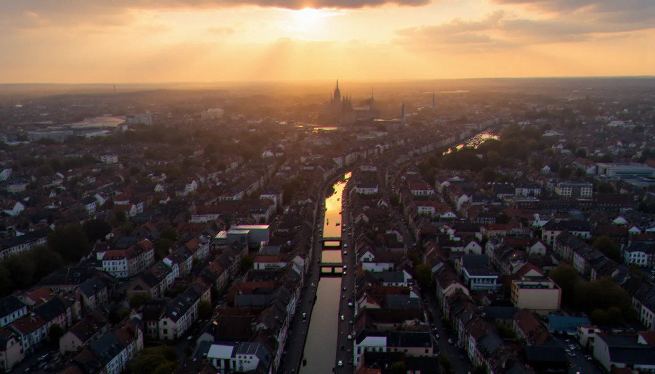 Vue aérienne de Strasbourg au crépuscule, illustrant le contexte régional alsacien de la scène BDSM locale