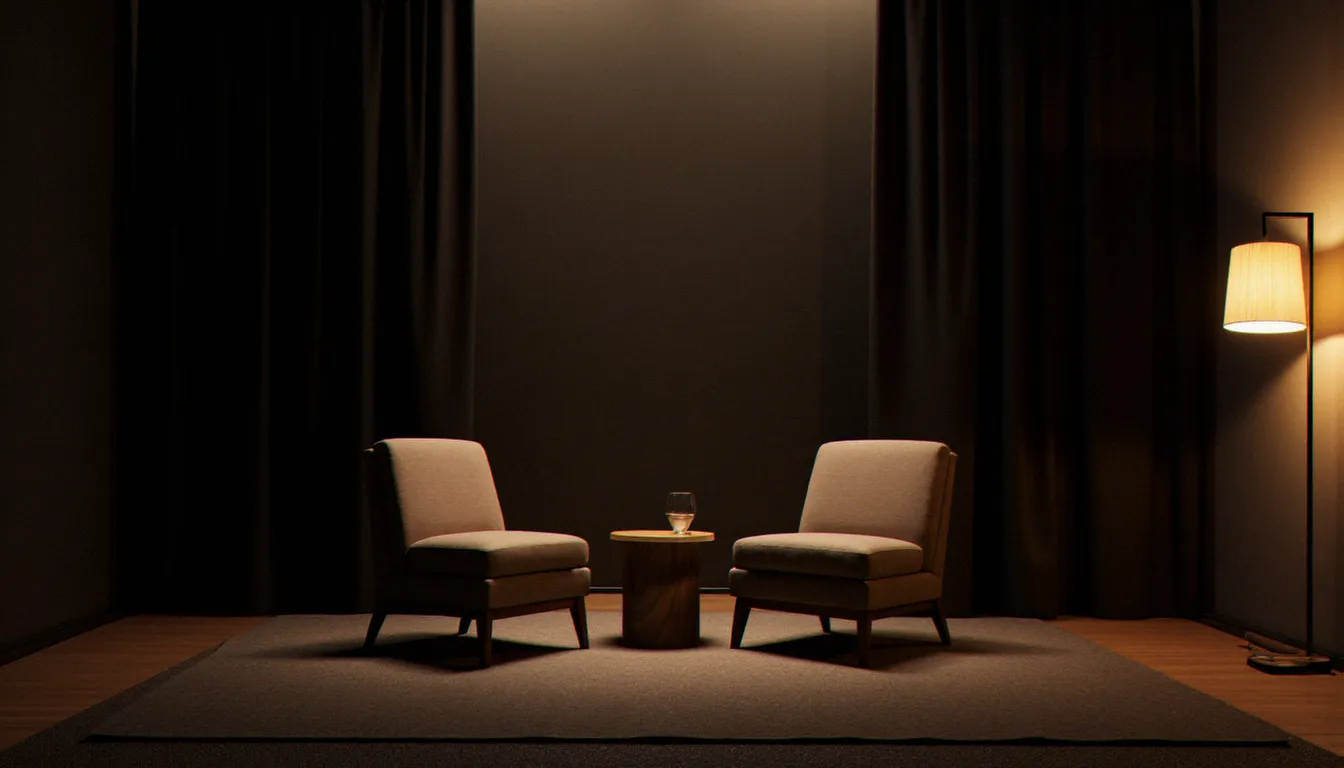 Salle d'entretien minimaliste avec deux fauteuils face à face dans une lumière tamisée, évoquant le cadre confidentiel d'une séance de domination psychologique