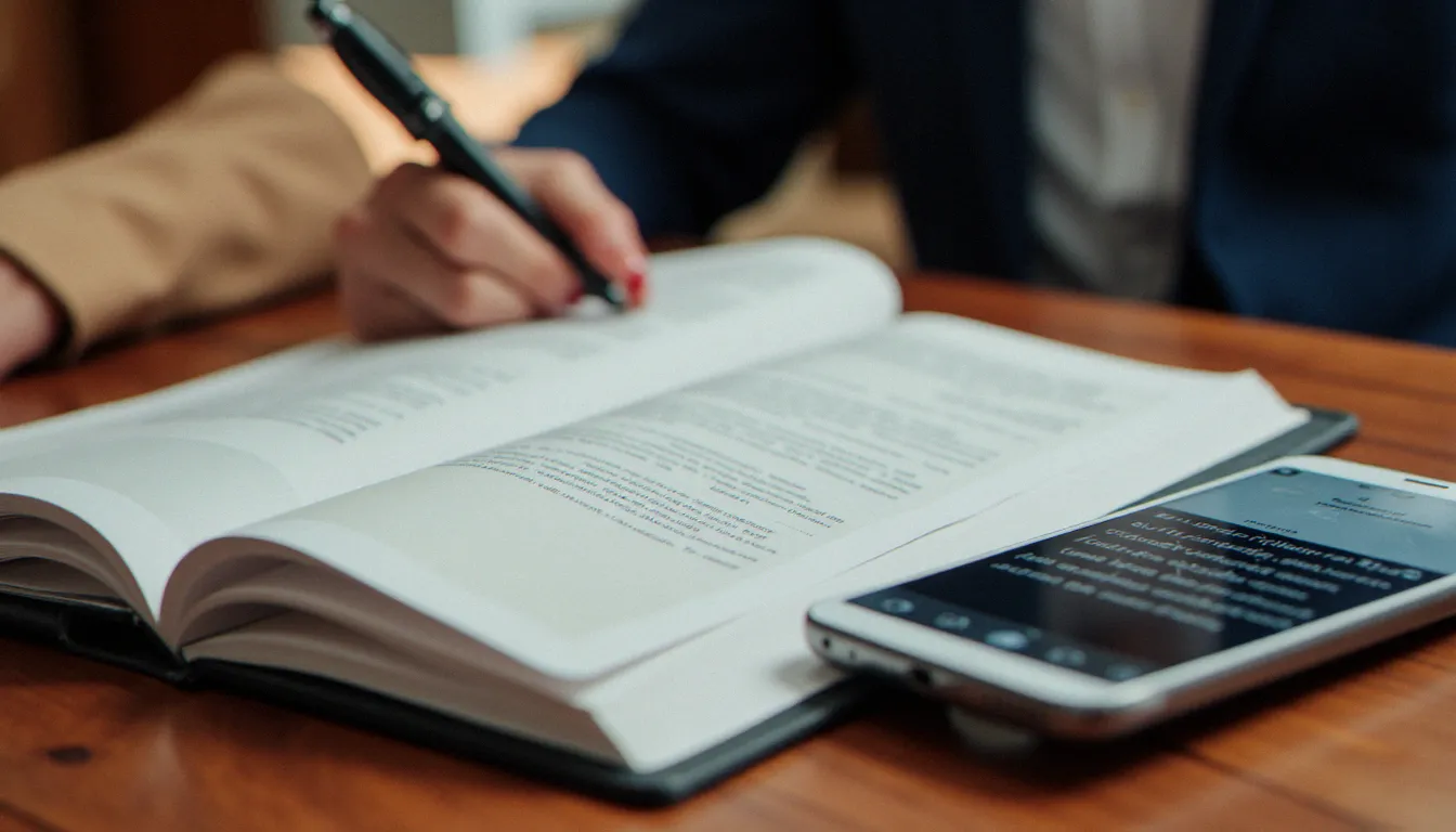 Carnet de préparation ouvert et smartphone sur une table en bois, symbolisant les étapes de préparation avant une première séance de domination consentie