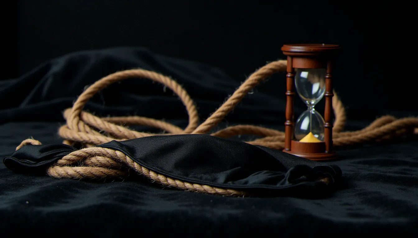 Objets rituels disposés sur velours sombre, illustrant les pratiques symboliques utilisées dans un cadre BDSM consensuel et éthique