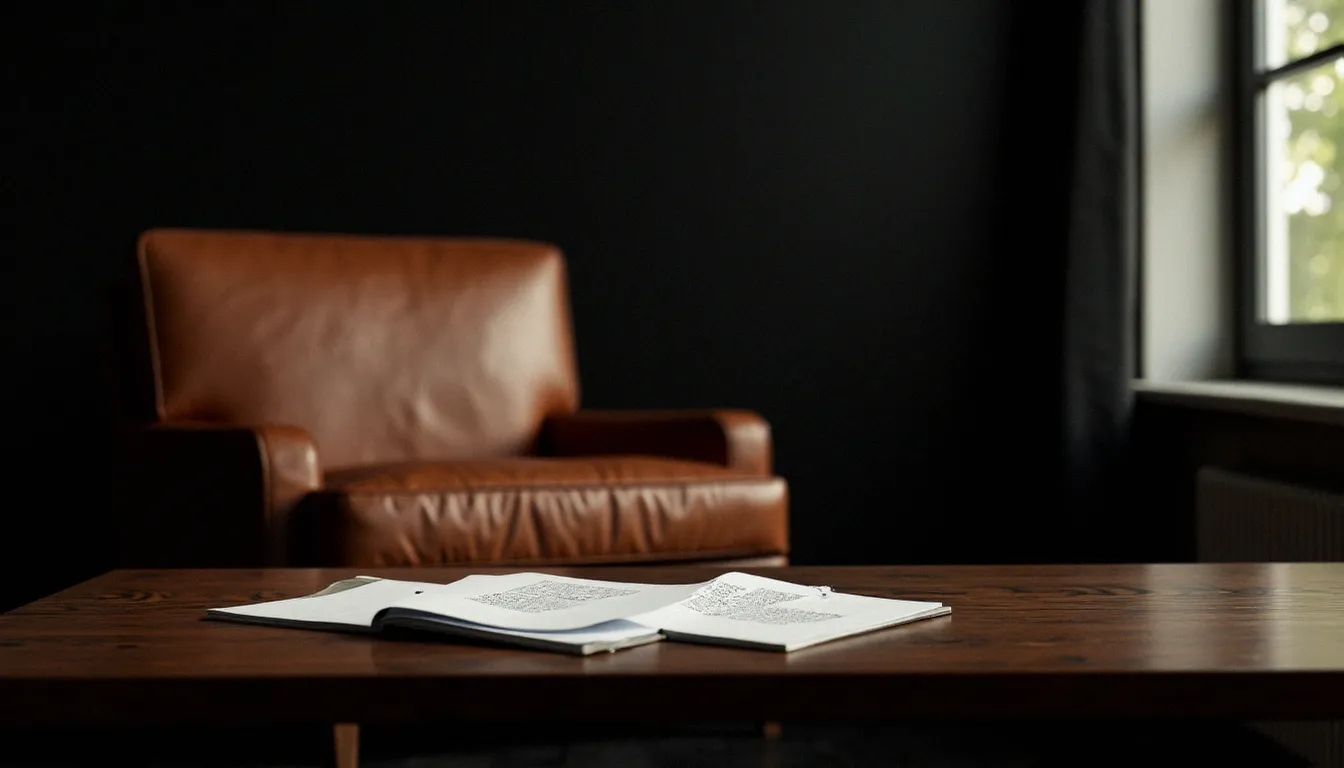 Espace de séance épuré avec fauteuil en cuir et notes de négociation, atmosphère sobre et intimiste