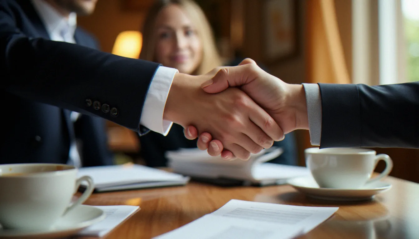 Poignée de main symbolisant la confiance et le consentement lors d'une première rencontre entre une dominatrice professionnelle et son sujet