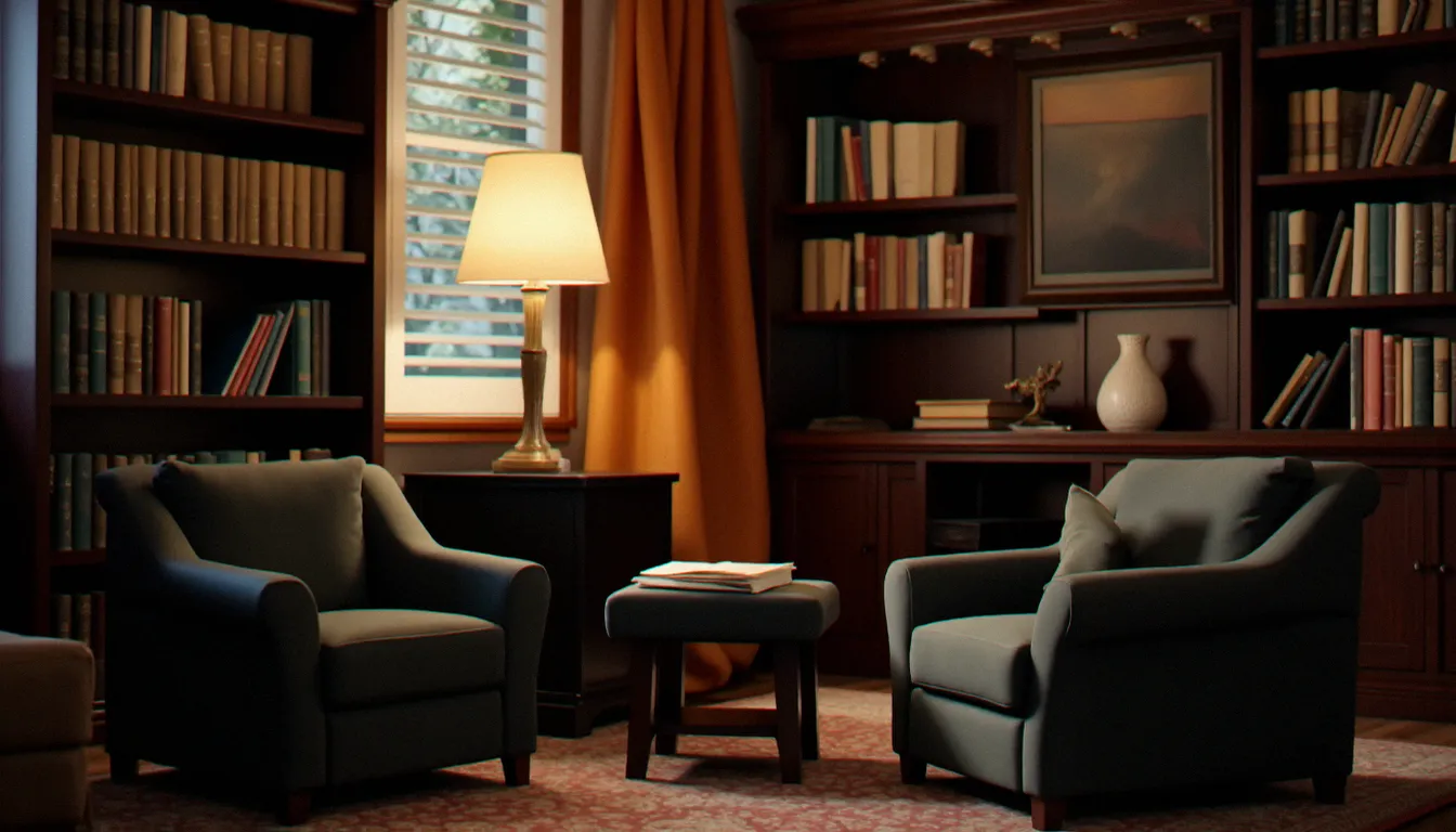 Bureau de psychologue avec deux fauteuils en vis-à-vis, éclairage chaleureux, symbolisant l'accompagnement professionnel dans l'exploration du pet play