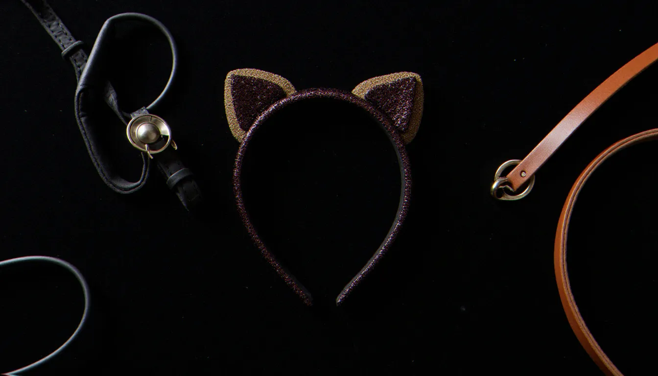 Accessoires de pet play BDSM posés sur du velours sombre — oreilles de chaton, collier et laisse en cuir souple
