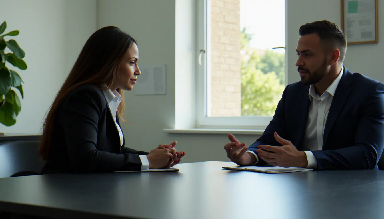 Entretien préalable entre deux adultes dans un cadre confidentiel, illustrant la négociation et la communication dans une relation de domination consentie