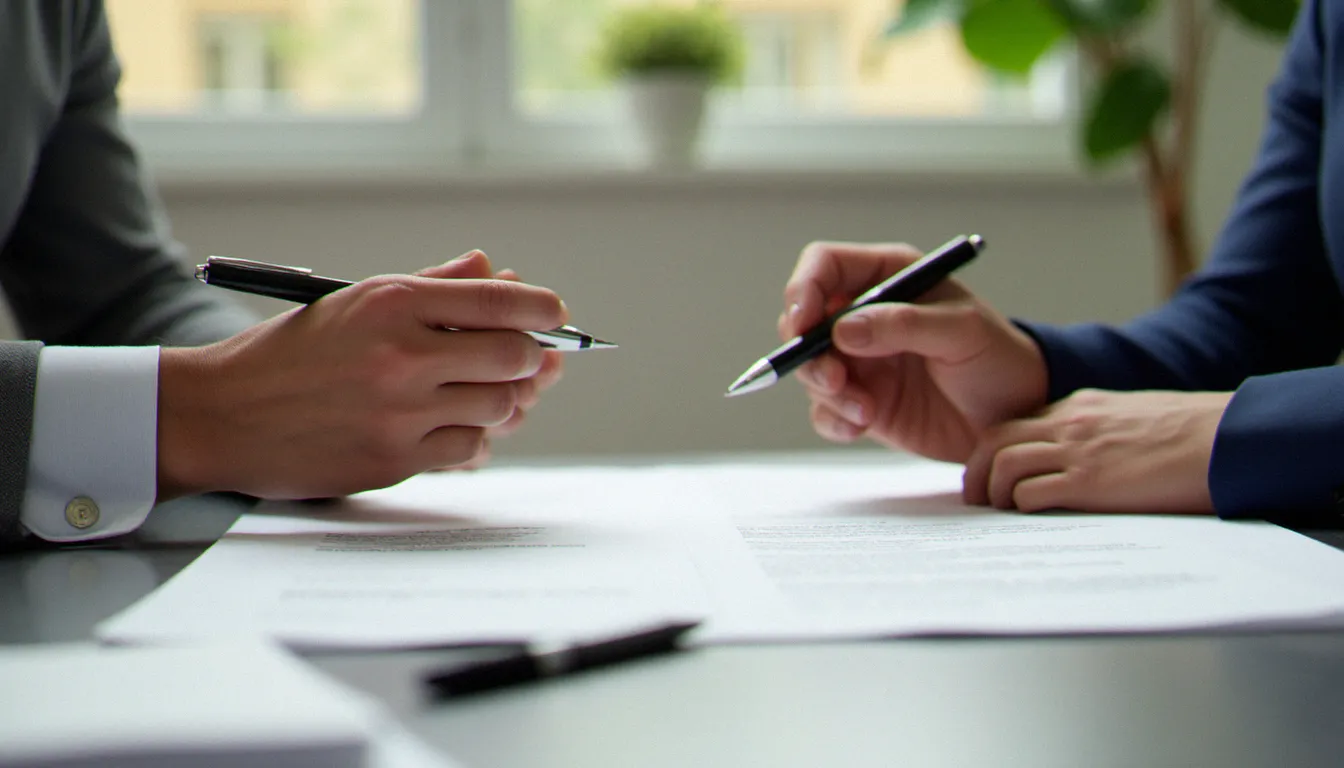 Échange d'un document entre deux personnes, illustrant la négociation et le consentement au cœur d'une dynamique femdom