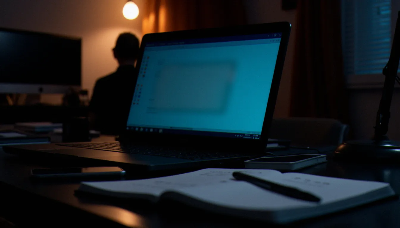 Ordinateur portable et carnet de notes sur un bureau sombre, illustrant la création d'un profil sur un site de rencontre femdom en ligne