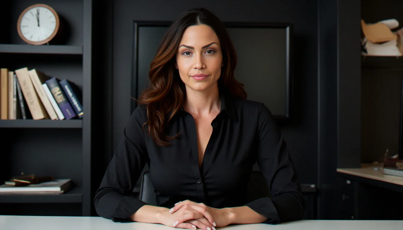 Femme élégante et posée assise à un bureau, évoquant l'univers du site de rencontre femdom et de la domination féminine professionnelle