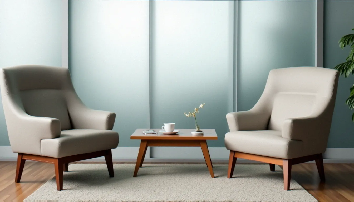 Espace de consultation épuré avec deux fauteuils face à face, illustrant un premier échange entre une dominatrice et un soumis qui cherche une maîtresse