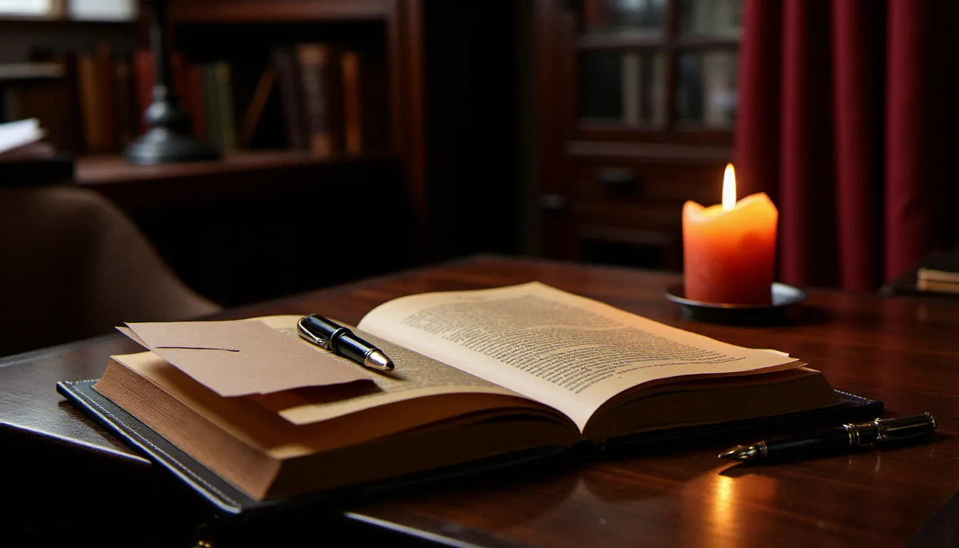 Journal en cuir ouvert avec une plume sur un bureau sombre, symbolisant les rituels d'écriture et les codes d'une relation D/s entre maîtresse et soumis