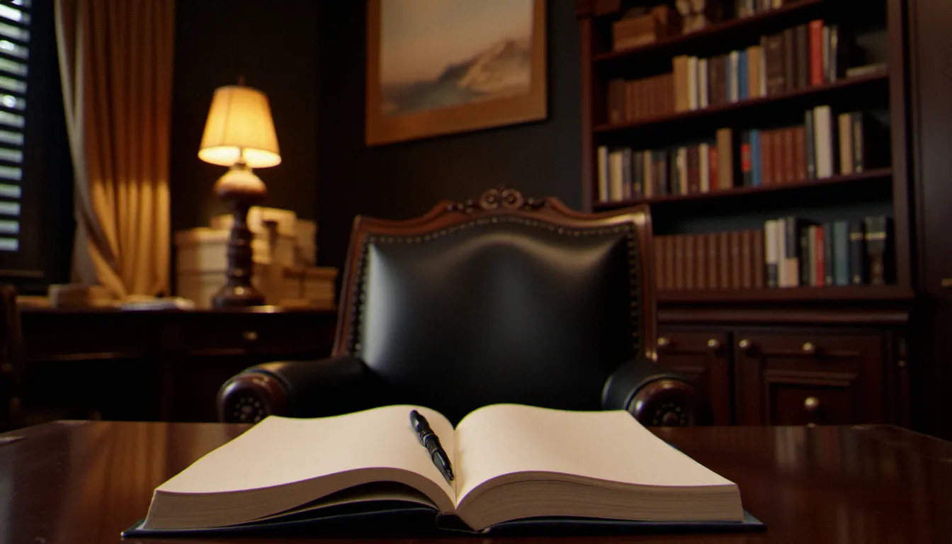 Bureau intimiste avec fauteuil en cuir et livres de psychologie, évoquant l'espace de réflexion d'une maîtresse accompagnant un soumis
