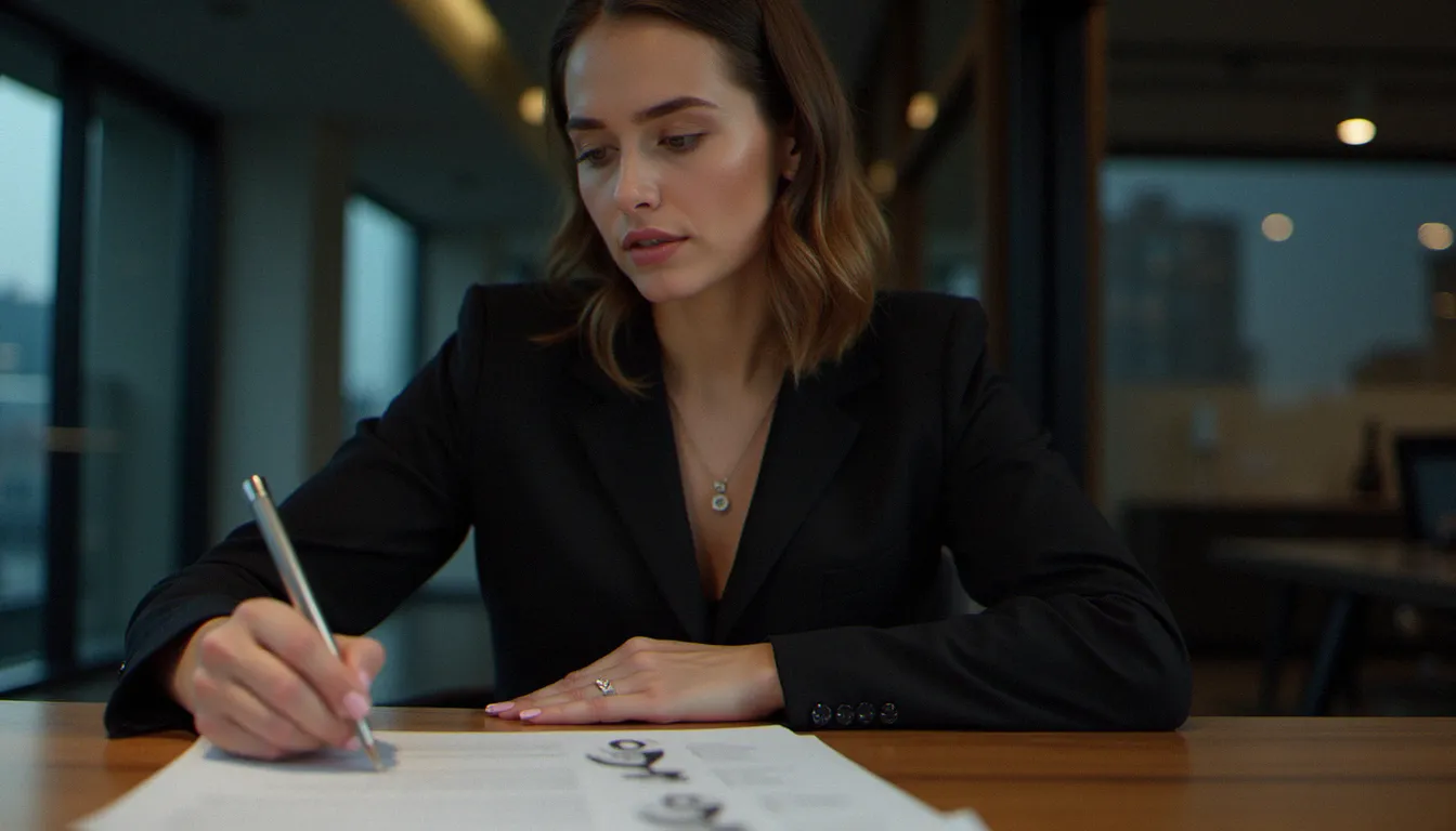 Une dominatrice professionnelle à Luxembourg examine des documents dans son bureau moderne et discret.