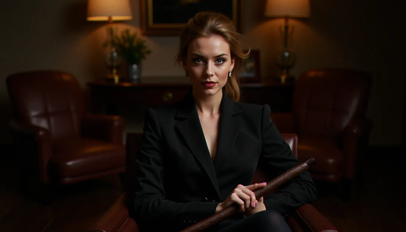 Dommageuse femdom assise dans un cadre élégant, tenant un fouet, regardant l'objectif avec assurance.