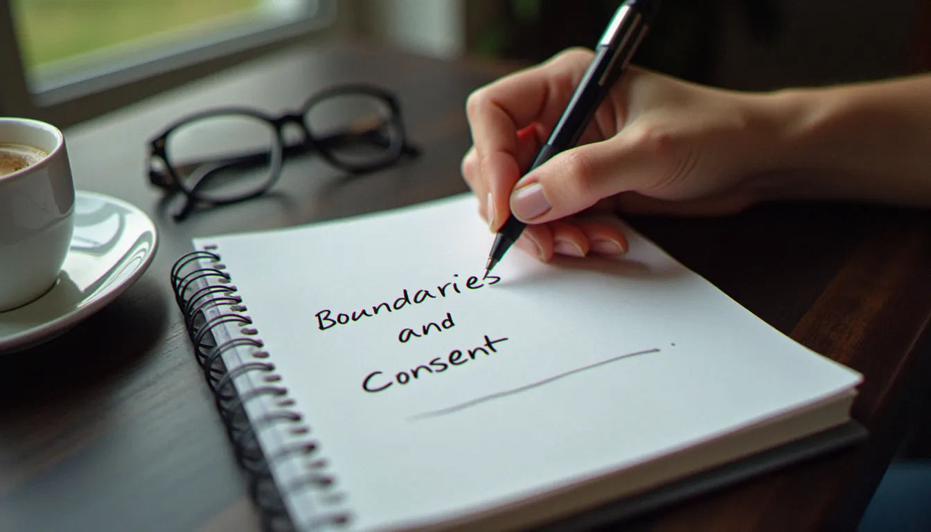 Mains écrivant des notes sur un carnet à propos des limites et du consentement