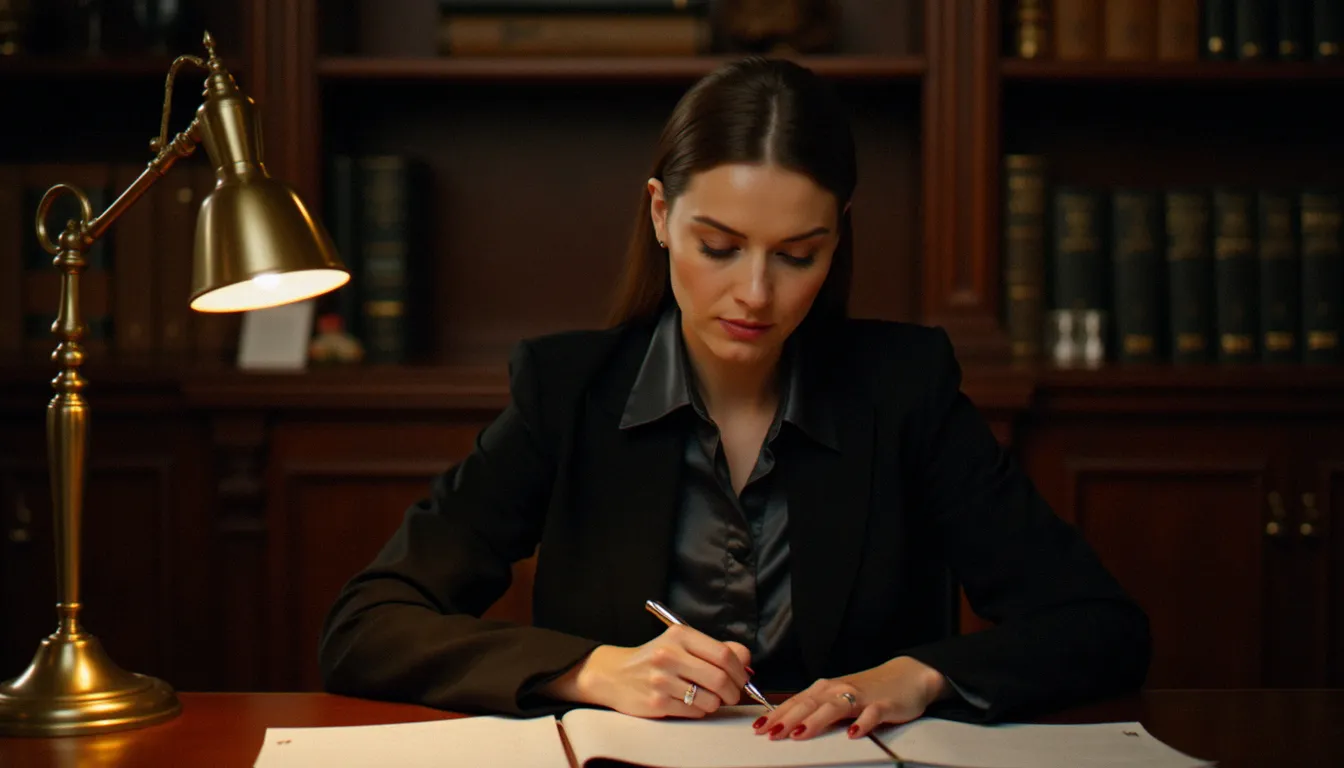 Femme en costume noir travaillant à son bureau dans un cadre professionnel et raffiné