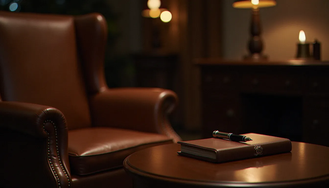 Cabinet de consultation psychologique élégant avec bureau en bois et chaises en cuir, illustrant le concept d'actif soumis