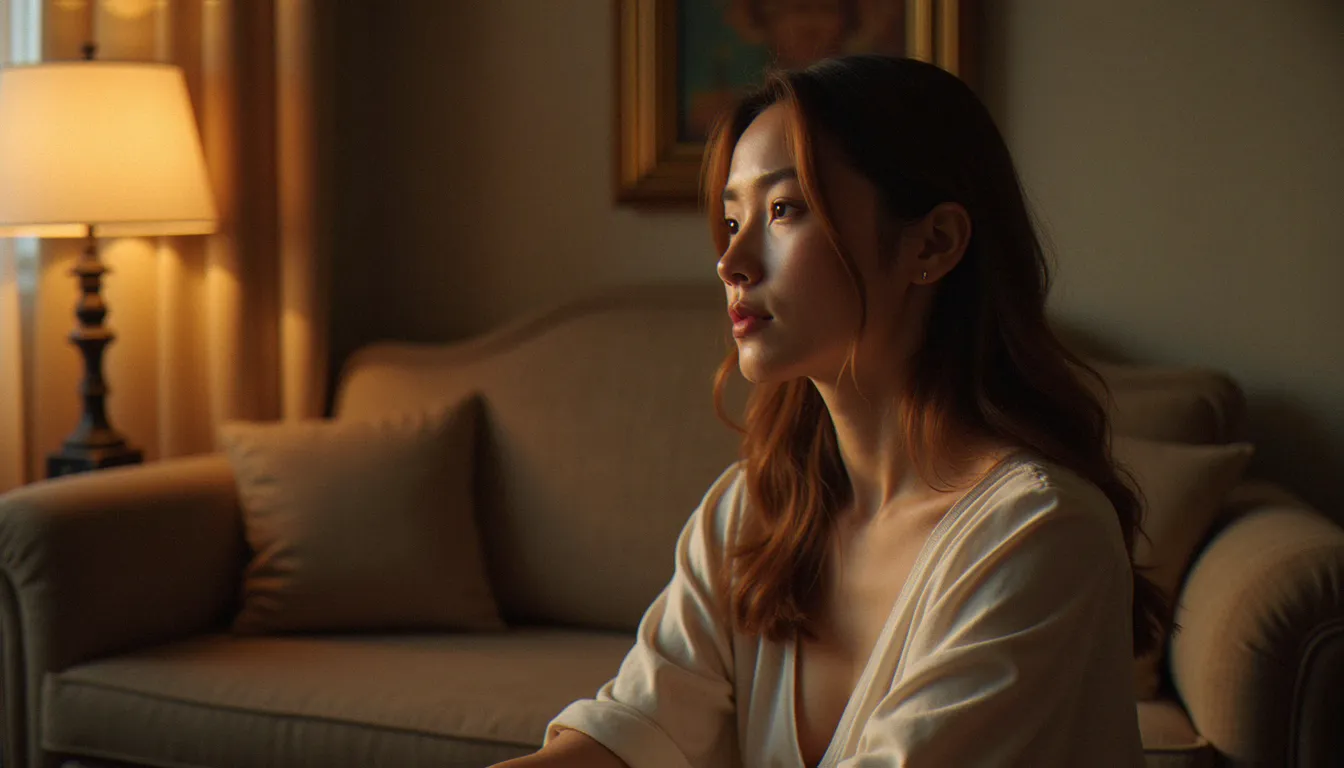 Femme en posture contemplative dans un cadre élégant et doux, illustrant la soumission consentie en BDSM