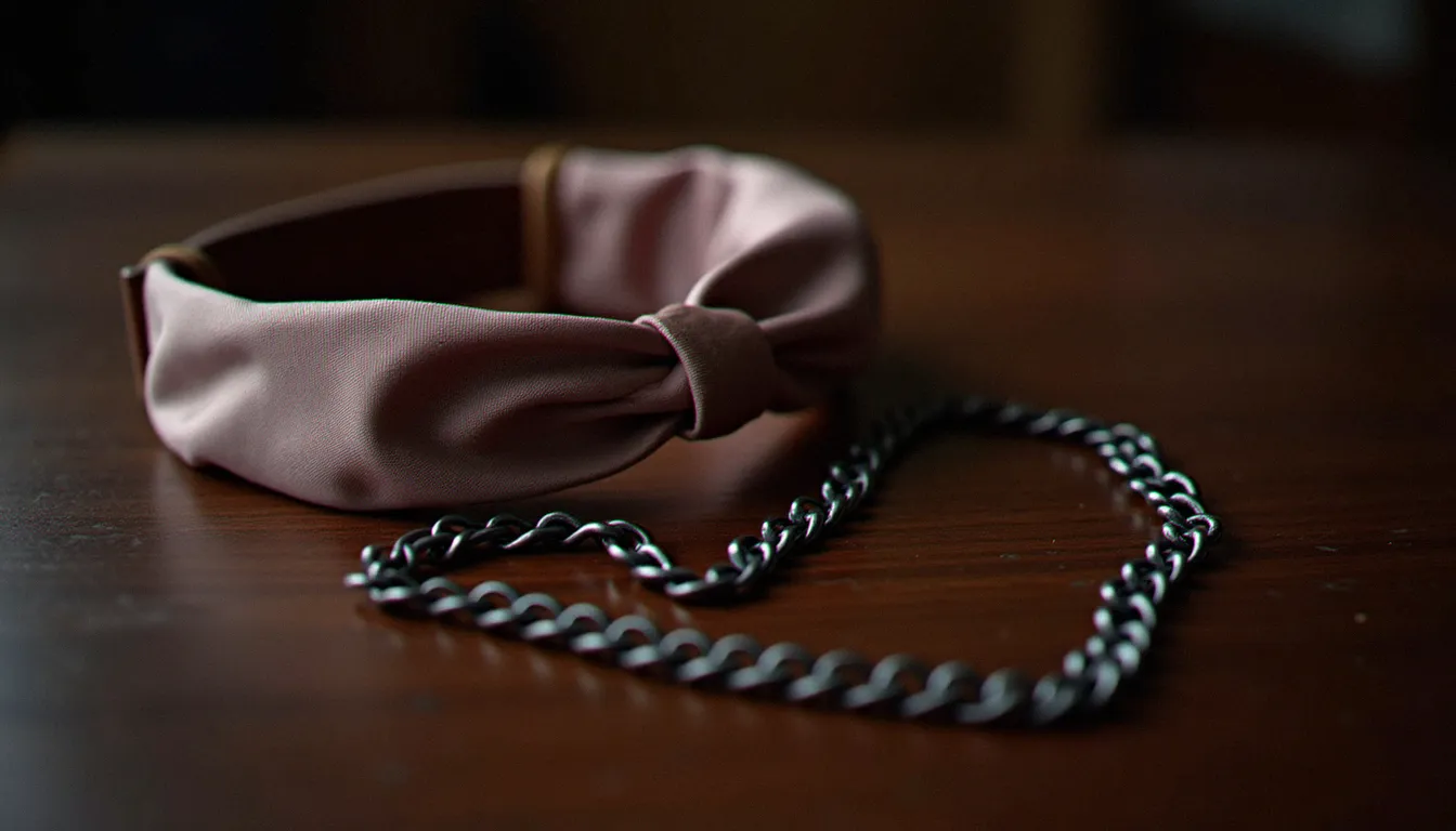 Accessoires de bondage professionnels sur surface en bois, illustrant le matériel utilisé lors des séances