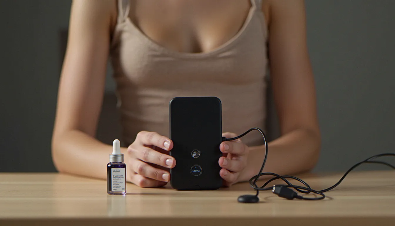 Dispositif d'e-stim bdsm avec électrodes et gel conducteur sur une table en bois