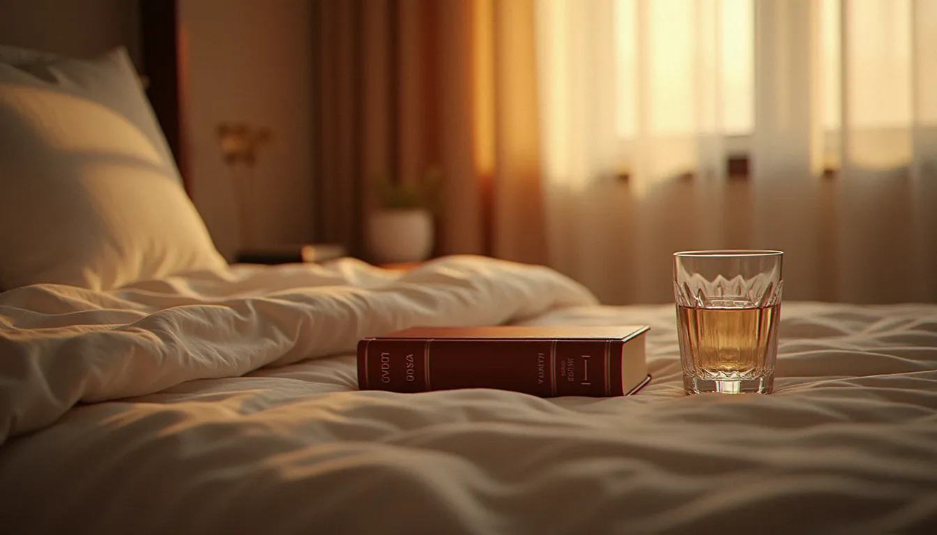 Chambre minimaliste avec livre en cuir sur la nuit de table, éclairage doux pour une rencontre fetish