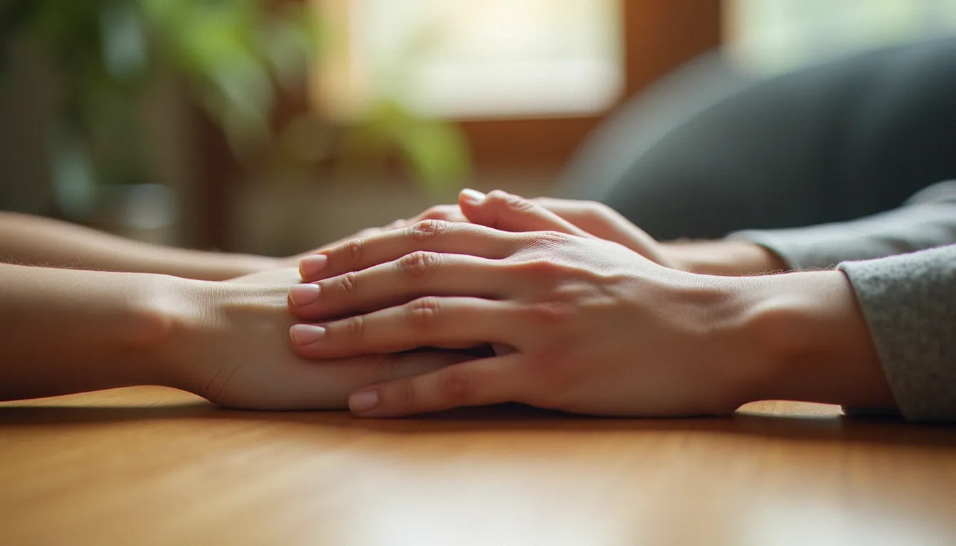 Deux mains se rejoignant sur une table en bois, symbolisant la confiance et le contact dans une rencontre soumis