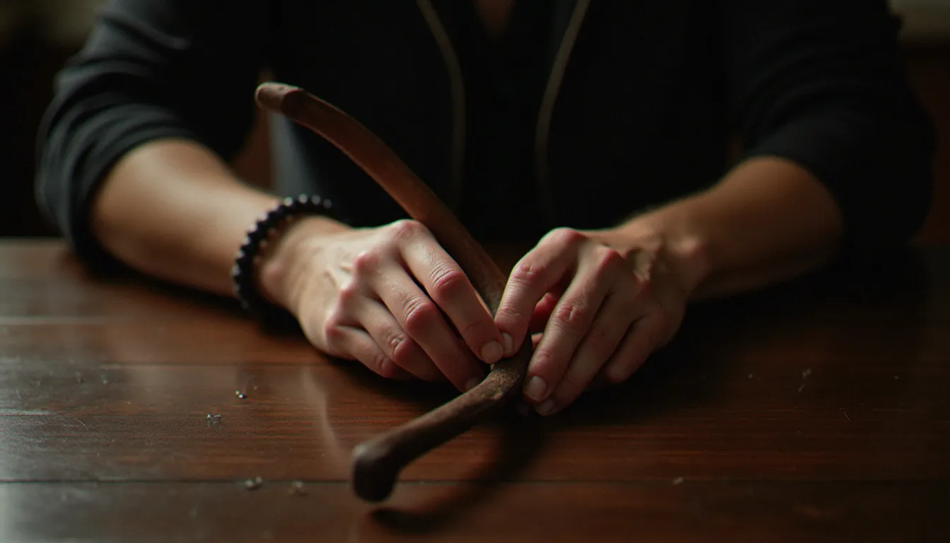 Main tenant un fouet en cuir pour test bdsm sur table en bois